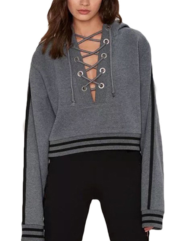 Grey S-XL Lace Up Front Sweatershit & Hoodies